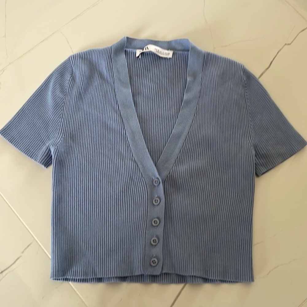 Zara Blue Ribbed Short Sleeve Cropped Cardigan